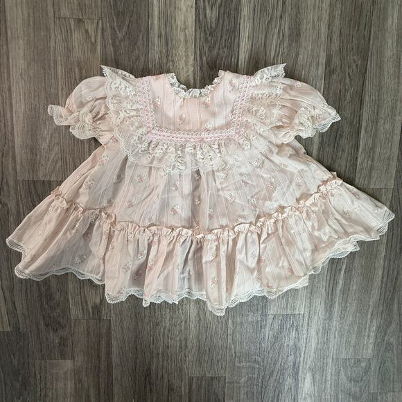 Vintage Pink Floral Lace Baby Girl Dress Size 6-9 M USA Made - Picture 1 of 8